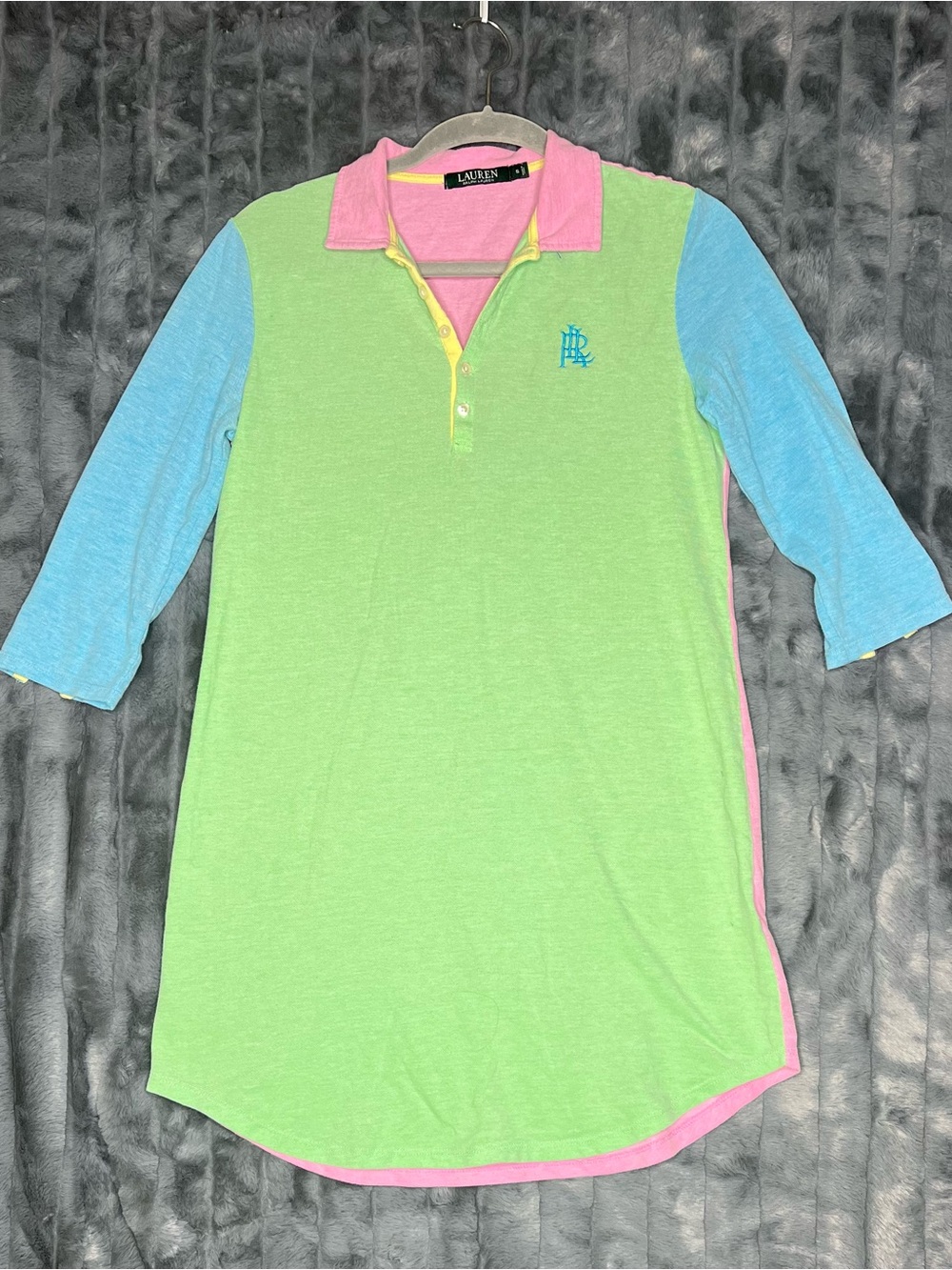 Lauren Ralph Lauren Colorblock Polo Dress Womens Sm Pink Green Blue 3/4 Sleeve